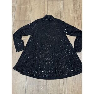 DKNY‎ Black Sequin Mock Neck Long Sleeve A Line Mini Dress Women's Size P